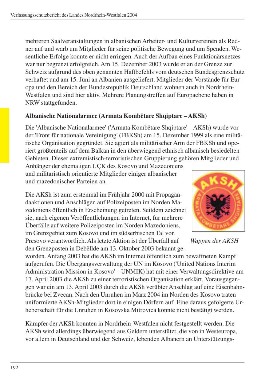 Seite 194 des Verfassungsschutzbericht 2004 Nordrhein-Westfalen