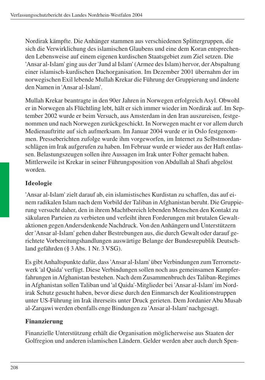 Seite 210 des Verfassungsschutzbericht 2004 Nordrhein-Westfalen