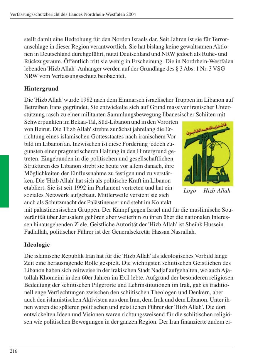 Seite 218 des Verfassungsschutzbericht 2004 Nordrhein-Westfalen