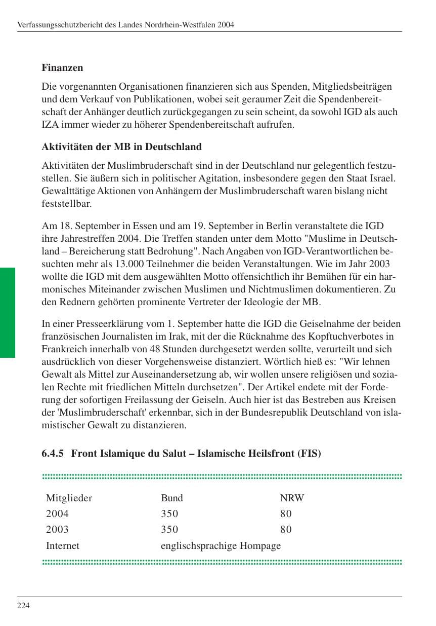 Seite 226 des Verfassungsschutzbericht 2004 Nordrhein-Westfalen
