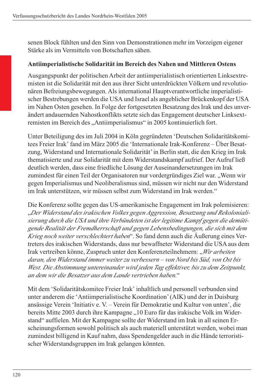 Seite 122 des Verfassungsschutzbericht 2005 Nordrhein-Westfalen