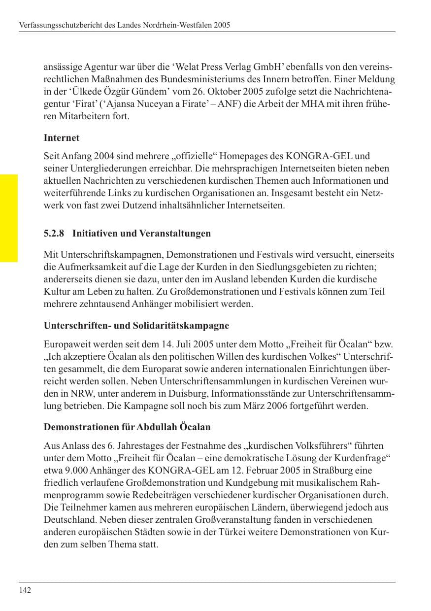 Seite 144 des Verfassungsschutzbericht 2005 Nordrhein-Westfalen
