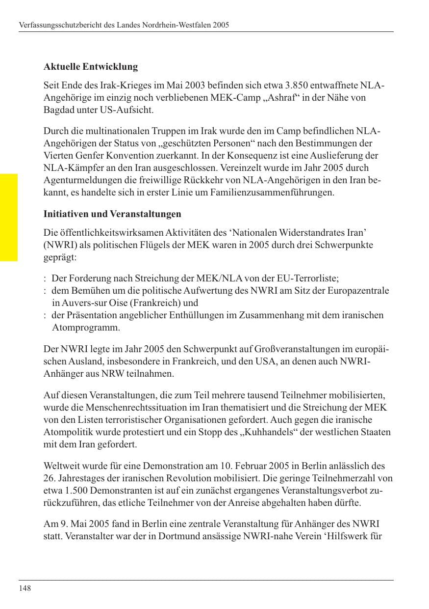Seite 150 des Verfassungsschutzbericht 2005 Nordrhein-Westfalen