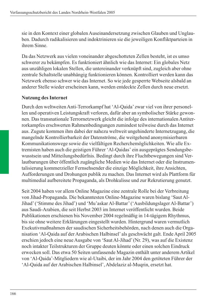 Seite 168 des Verfassungsschutzbericht 2005 Nordrhein-Westfalen