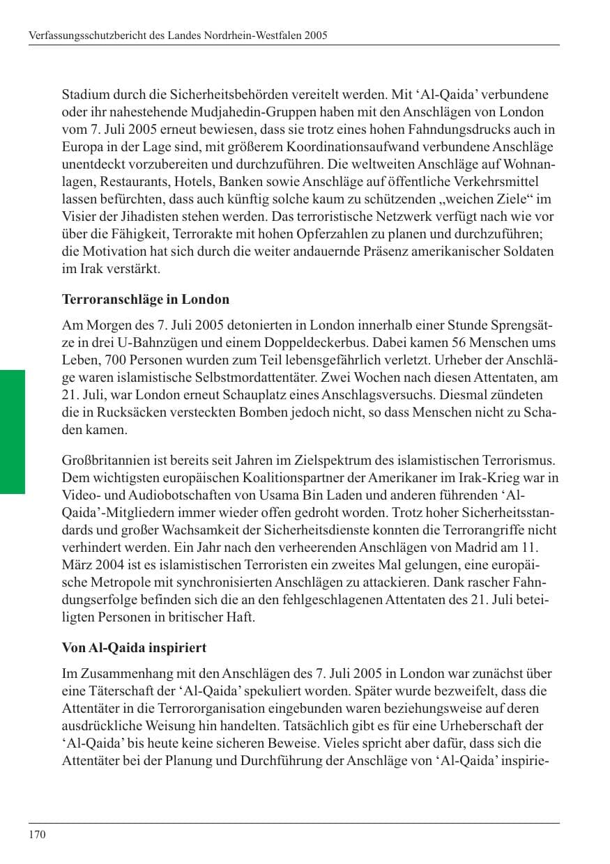 Seite 172 des Verfassungsschutzbericht 2005 Nordrhein-Westfalen