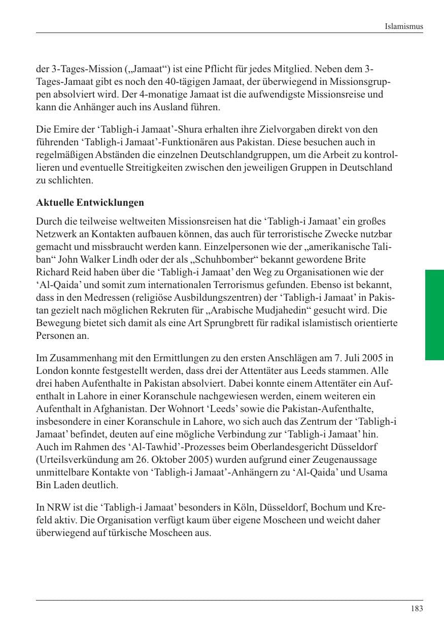 Seite 185 des Verfassungsschutzbericht 2005 Nordrhein-Westfalen
