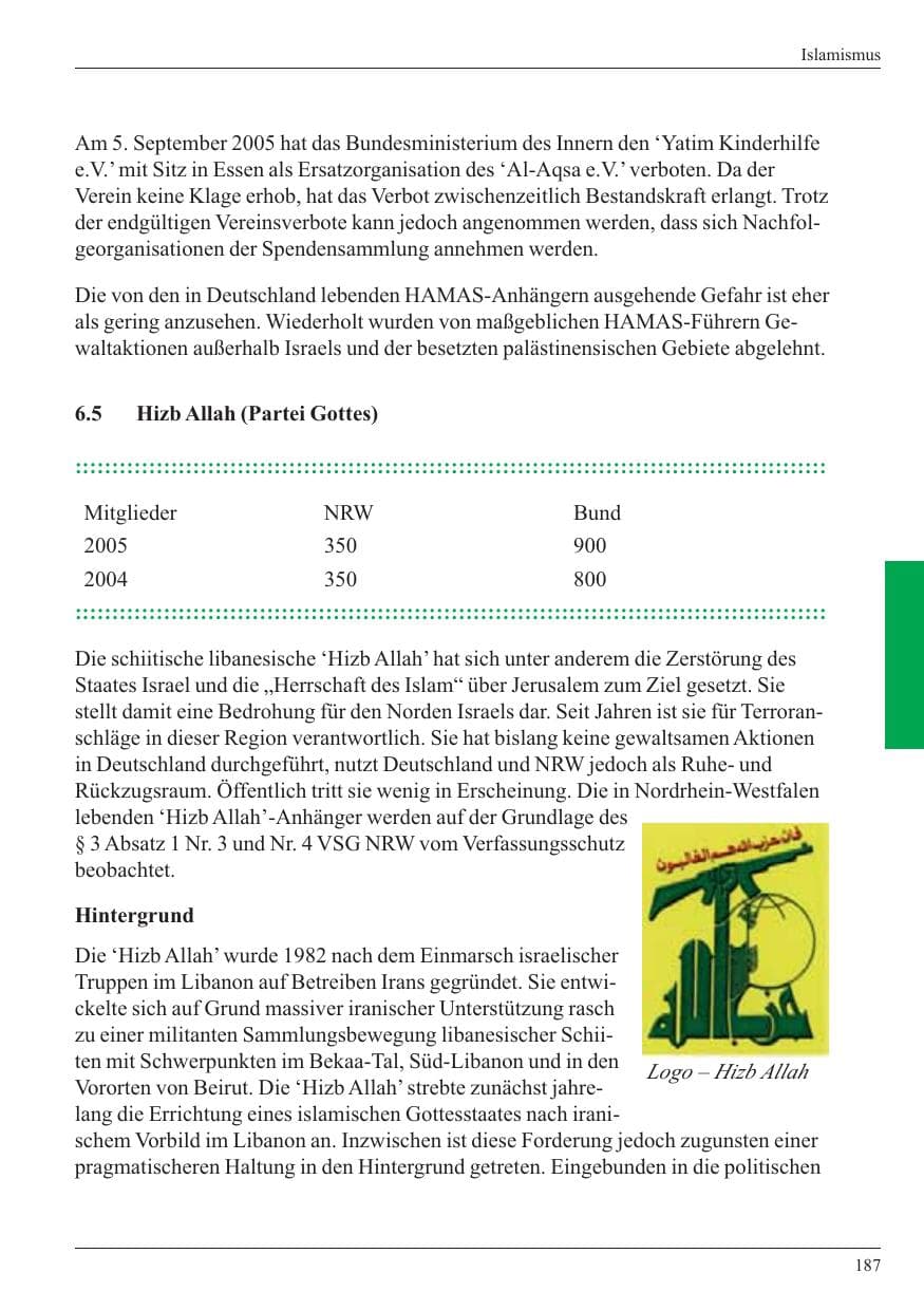 Seite 189 des Verfassungsschutzbericht 2005 Nordrhein-Westfalen