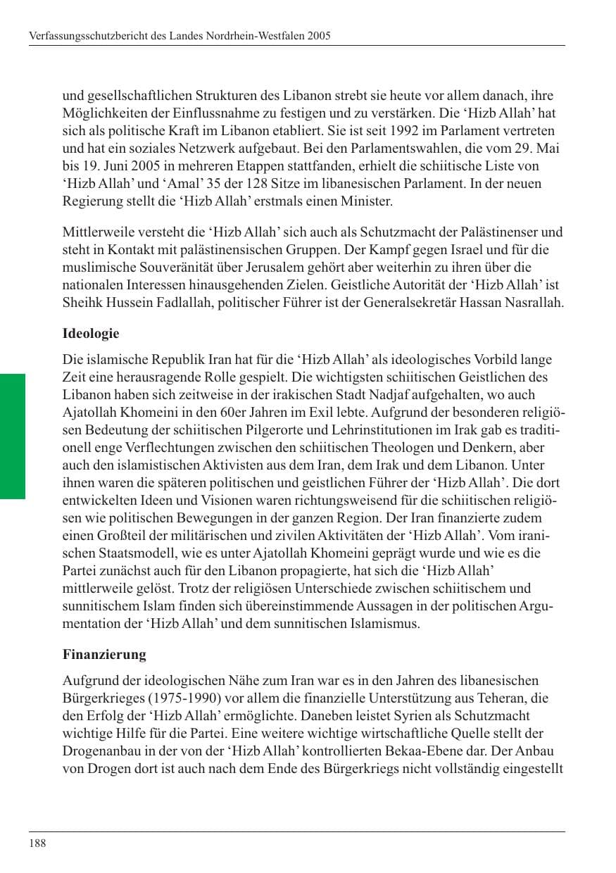 Seite 190 des Verfassungsschutzbericht 2005 Nordrhein-Westfalen