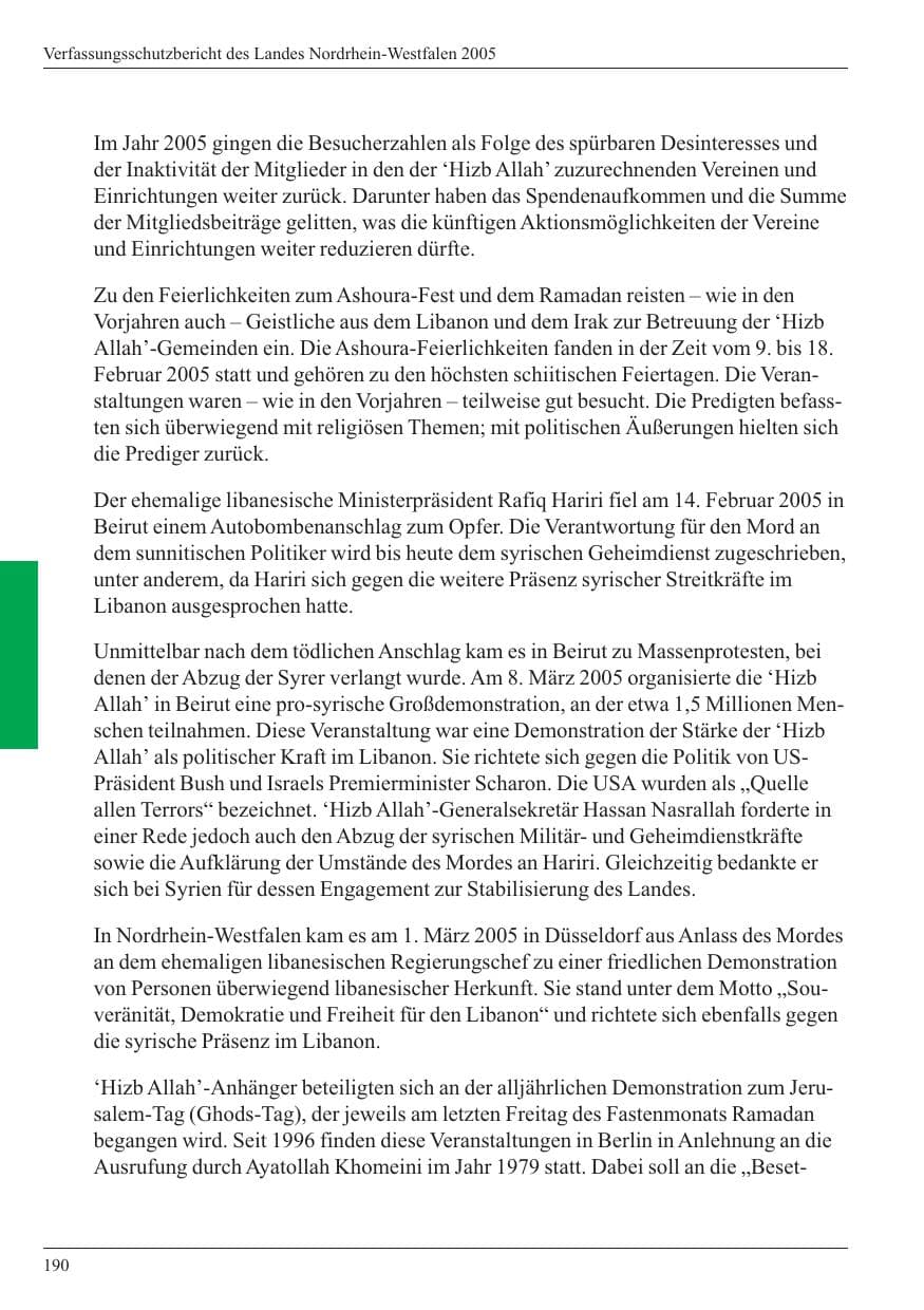 Seite 192 des Verfassungsschutzbericht 2005 Nordrhein-Westfalen
