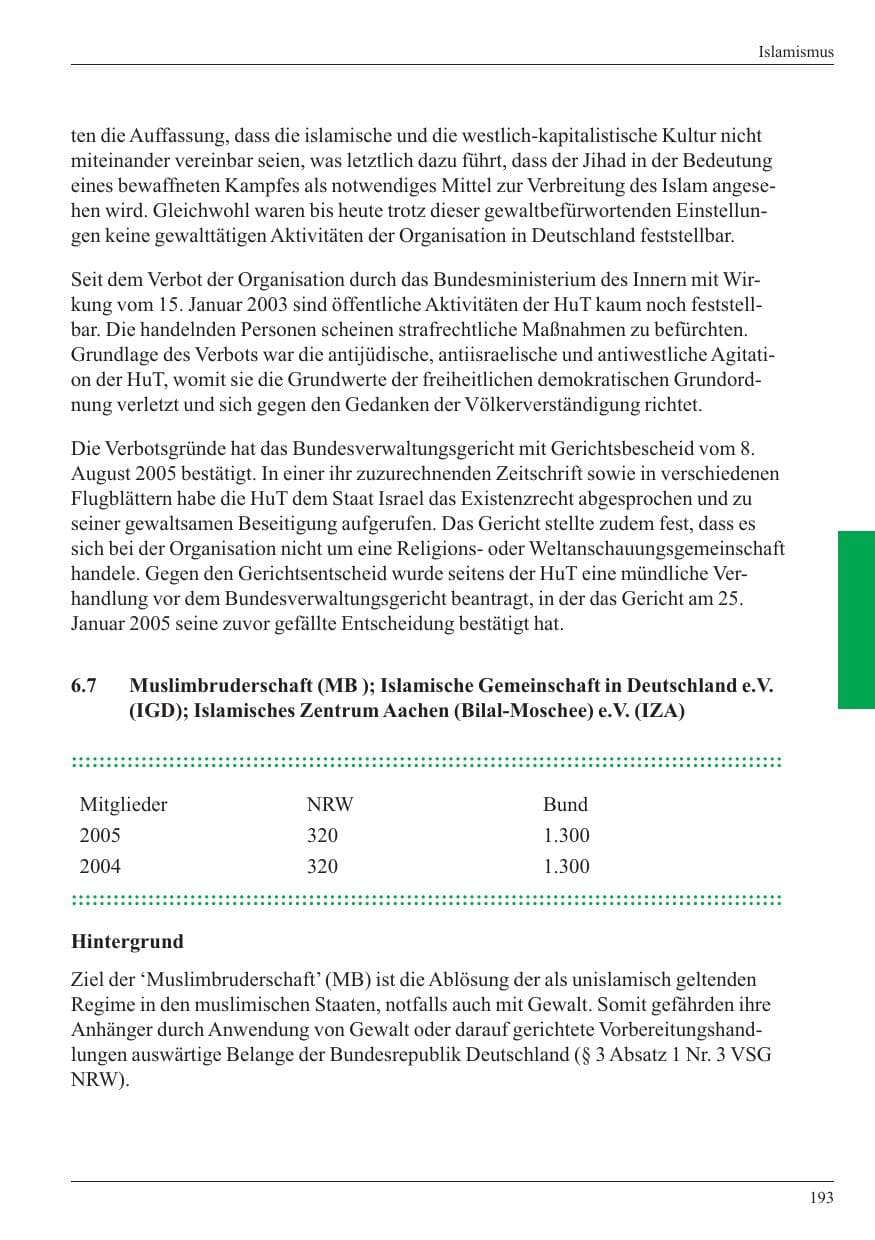 Seite 195 des Verfassungsschutzbericht 2005 Nordrhein-Westfalen