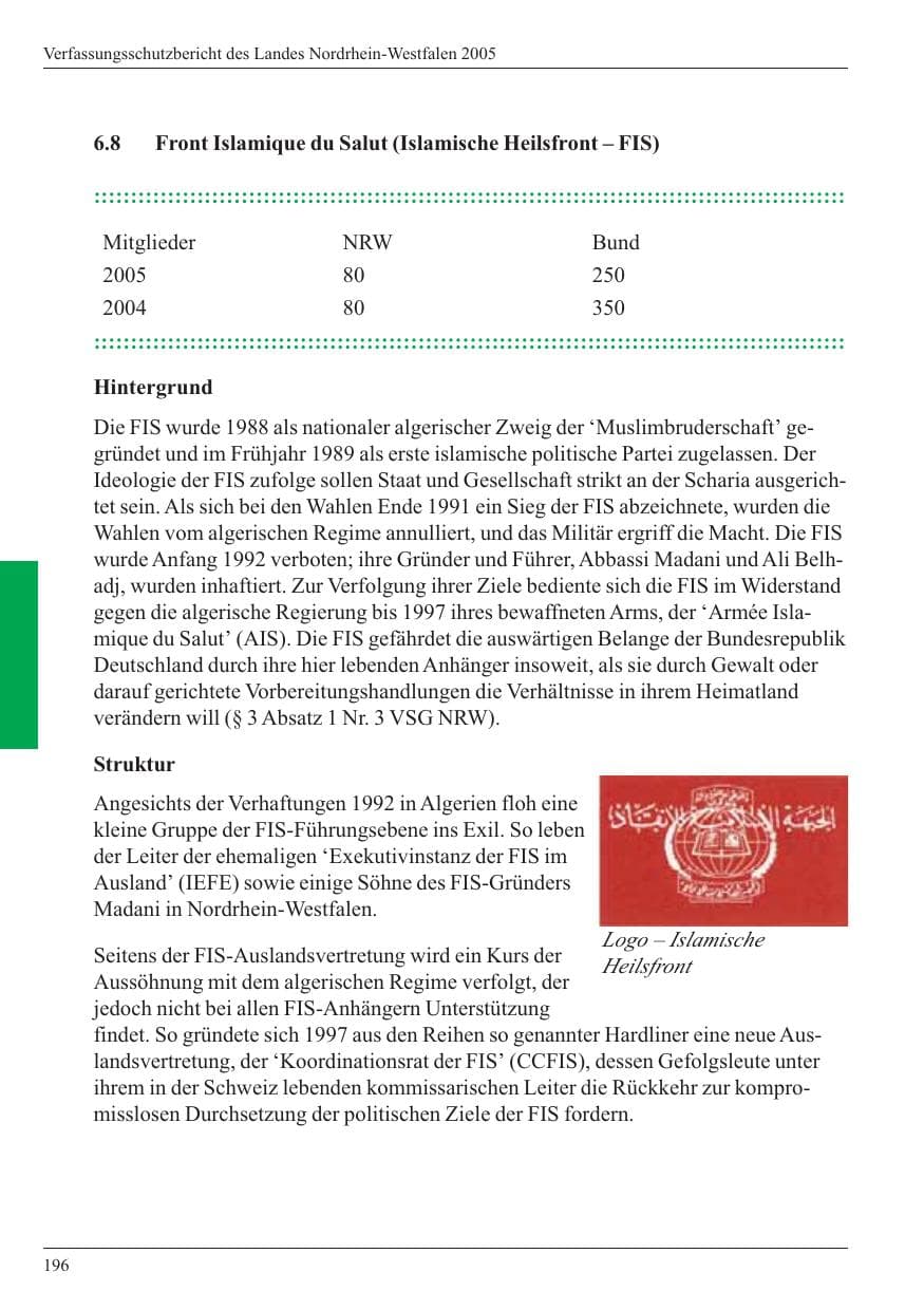 Seite 198 des Verfassungsschutzbericht 2005 Nordrhein-Westfalen