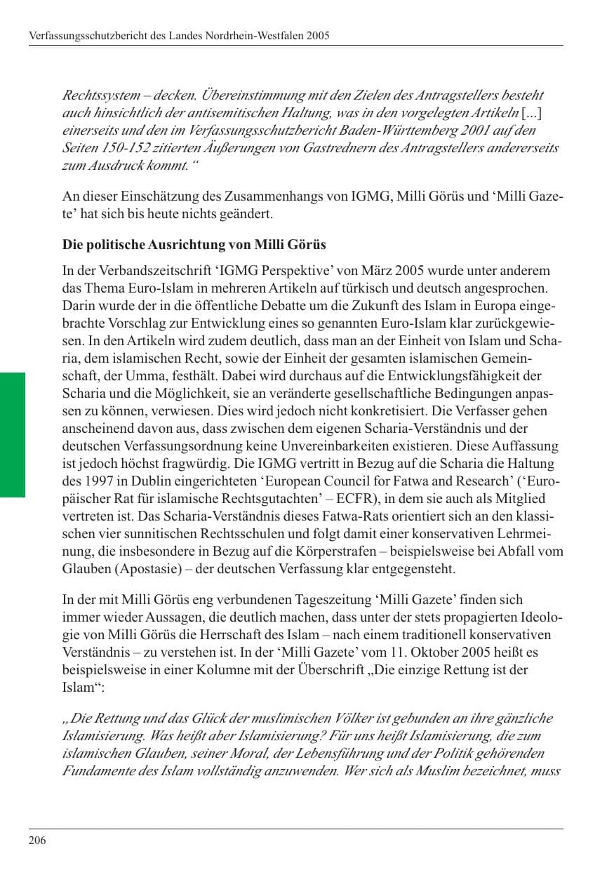 Seite 208 des Verfassungsschutzbericht 2005 Nordrhein-Westfalen