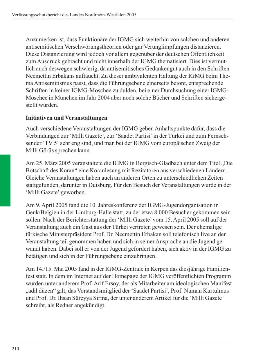 Seite 212 des Verfassungsschutzbericht 2005 Nordrhein-Westfalen