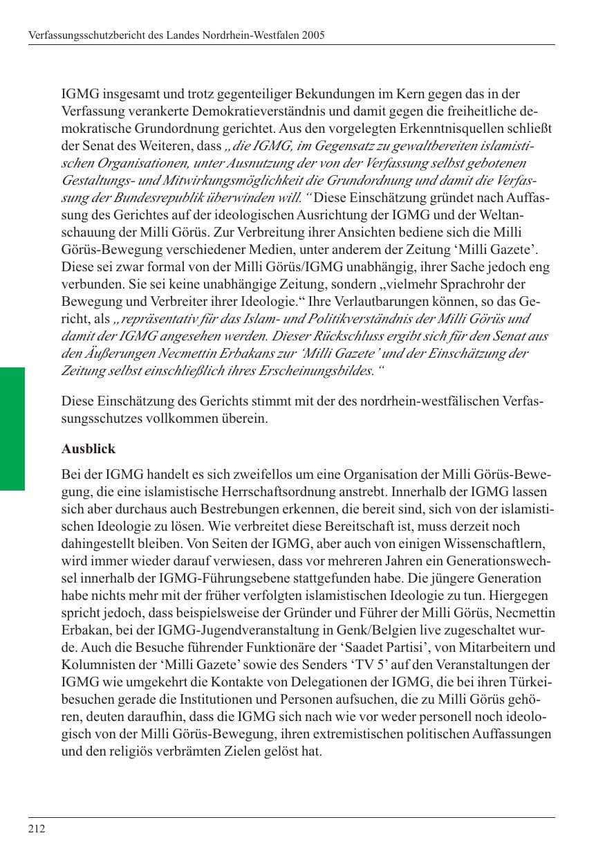 Seite 214 des Verfassungsschutzbericht 2005 Nordrhein-Westfalen