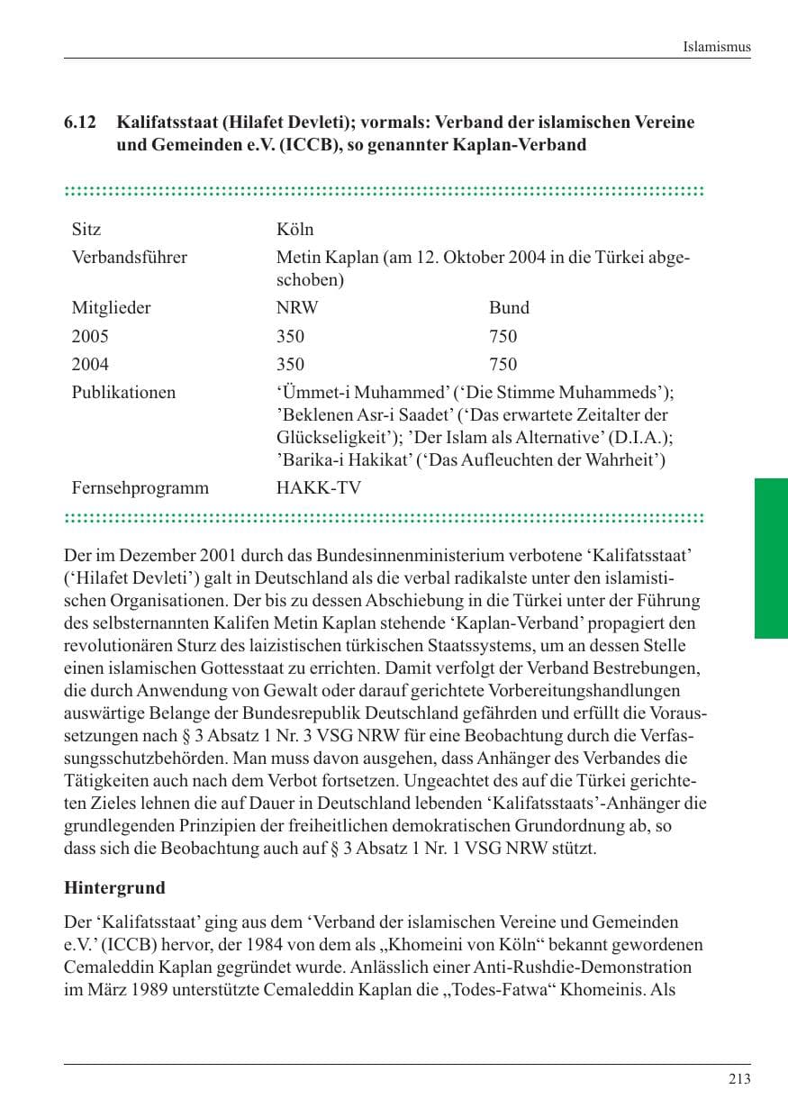 Seite 215 des Verfassungsschutzbericht 2005 Nordrhein-Westfalen
