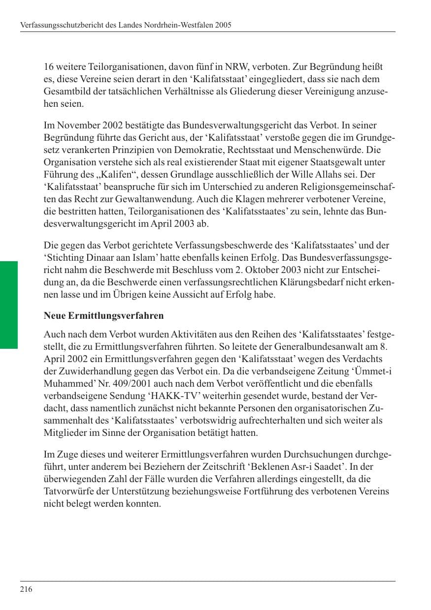 Seite 218 des Verfassungsschutzbericht 2005 Nordrhein-Westfalen