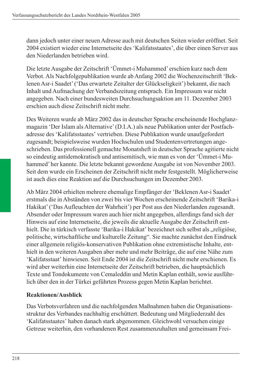 Seite 220 des Verfassungsschutzbericht 2005 Nordrhein-Westfalen