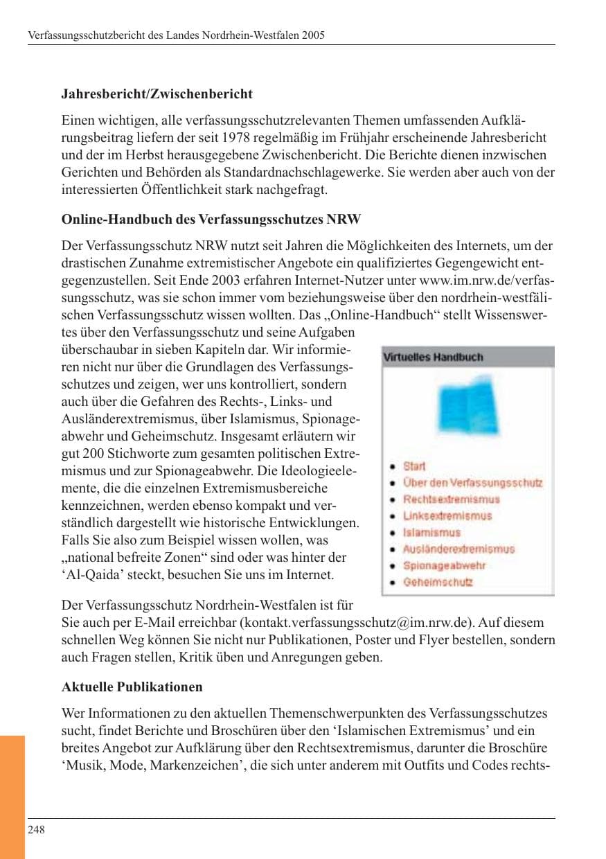 Seite 250 des Verfassungsschutzbericht 2005 Nordrhein-Westfalen