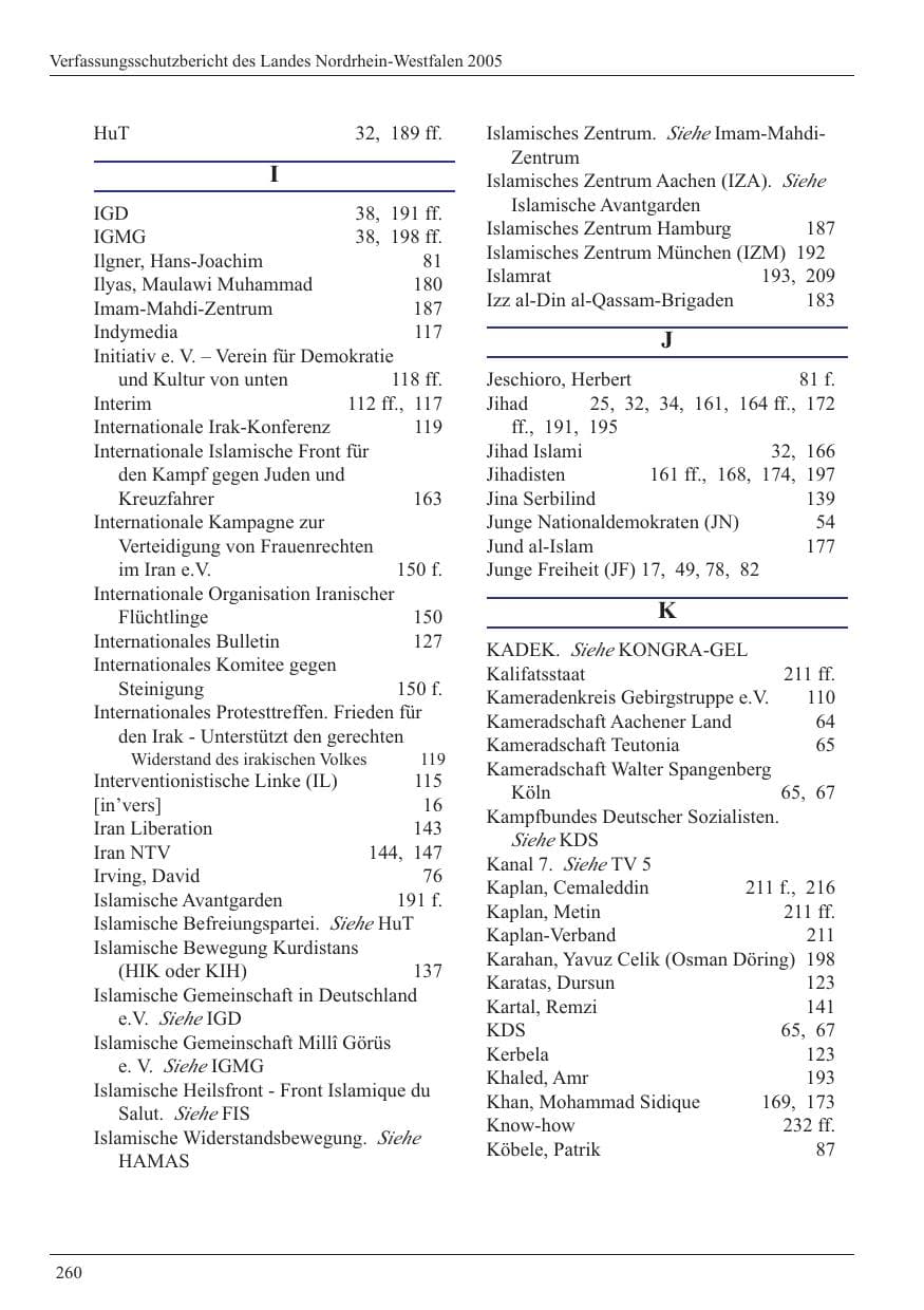 Seite 262 des Verfassungsschutzbericht 2005 Nordrhein-Westfalen