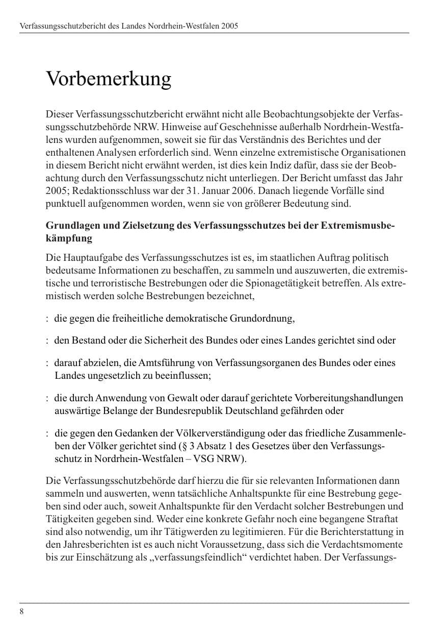 Seite 10 des Verfassungsschutzbericht 2005 Nordrhein-Westfalen