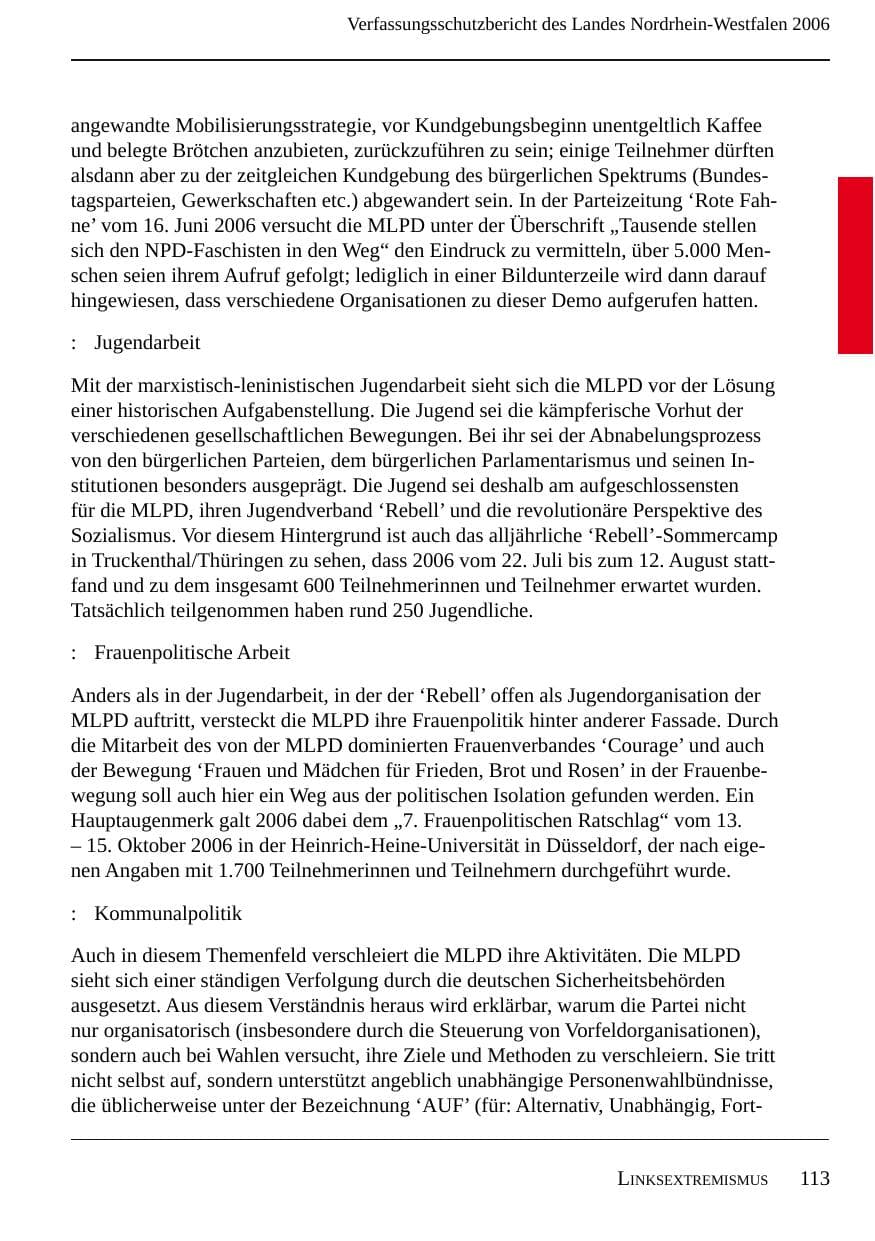 Seite 115 des Verfassungsschutzbericht 2006 Nordrhein-Westfalen