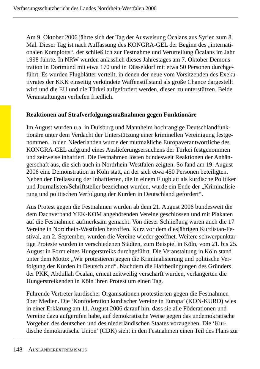 Seite 150 des Verfassungsschutzbericht 2006 Nordrhein-Westfalen