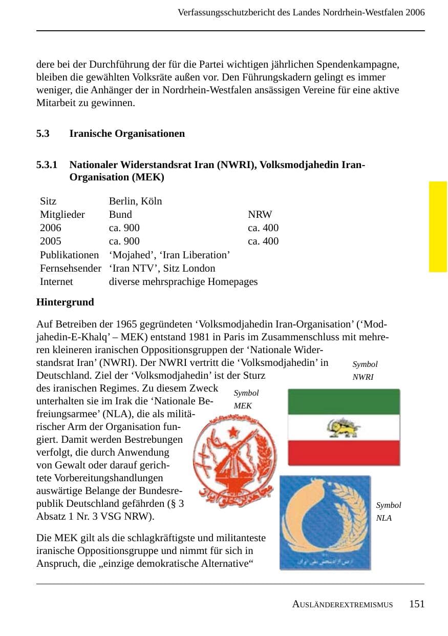 Seite 153 des Verfassungsschutzbericht 2006 Nordrhein-Westfalen