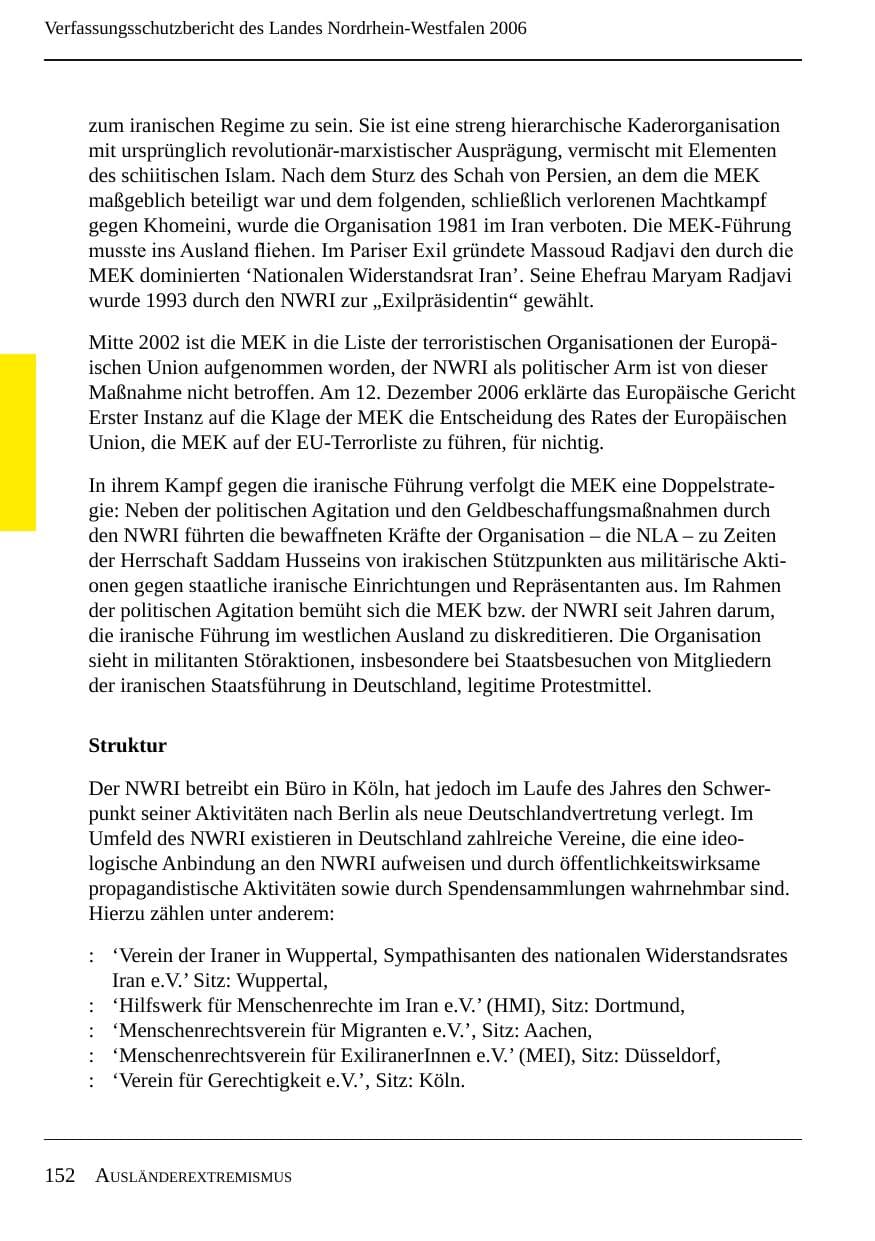 Seite 154 des Verfassungsschutzbericht 2006 Nordrhein-Westfalen