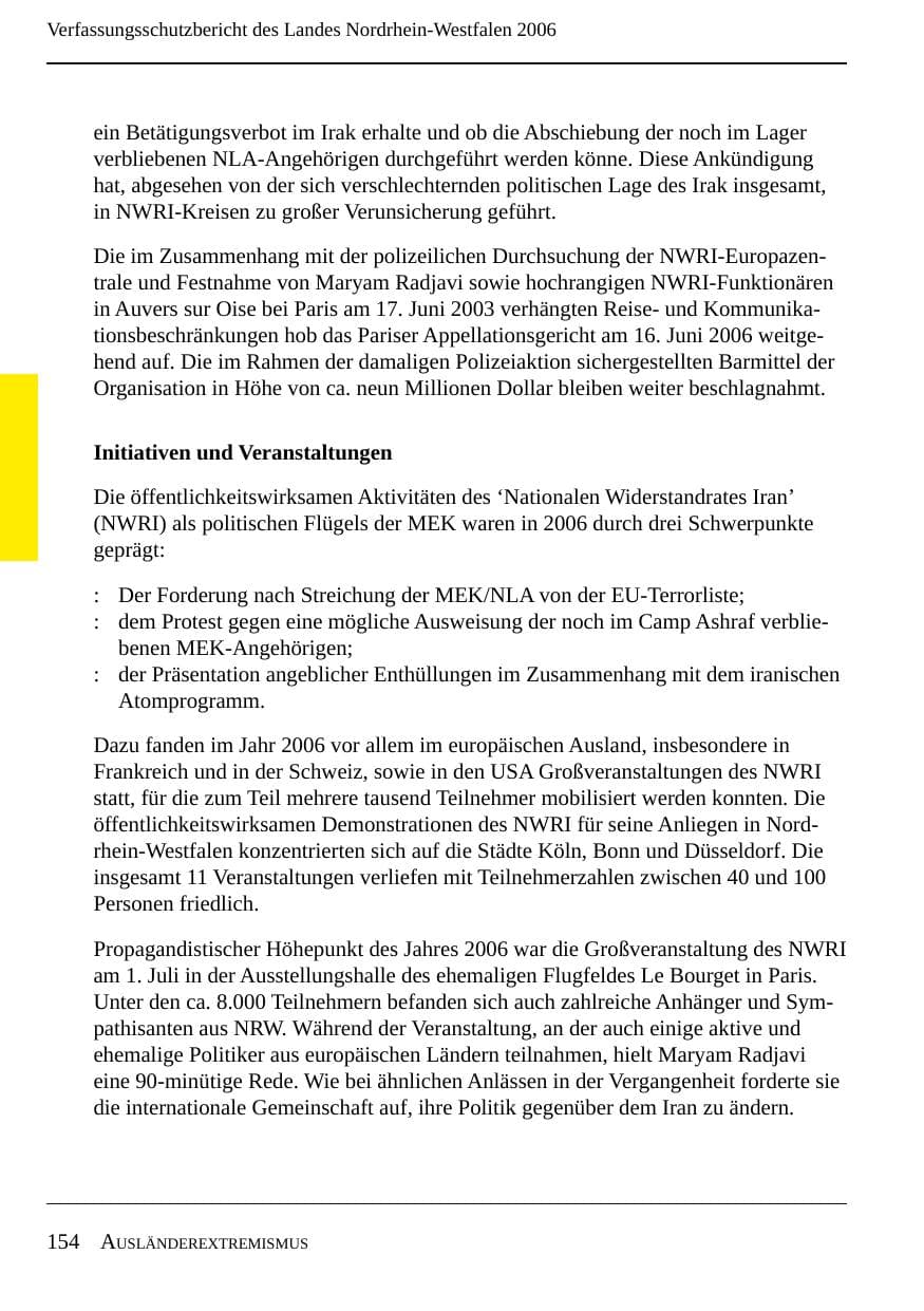 Seite 156 des Verfassungsschutzbericht 2006 Nordrhein-Westfalen