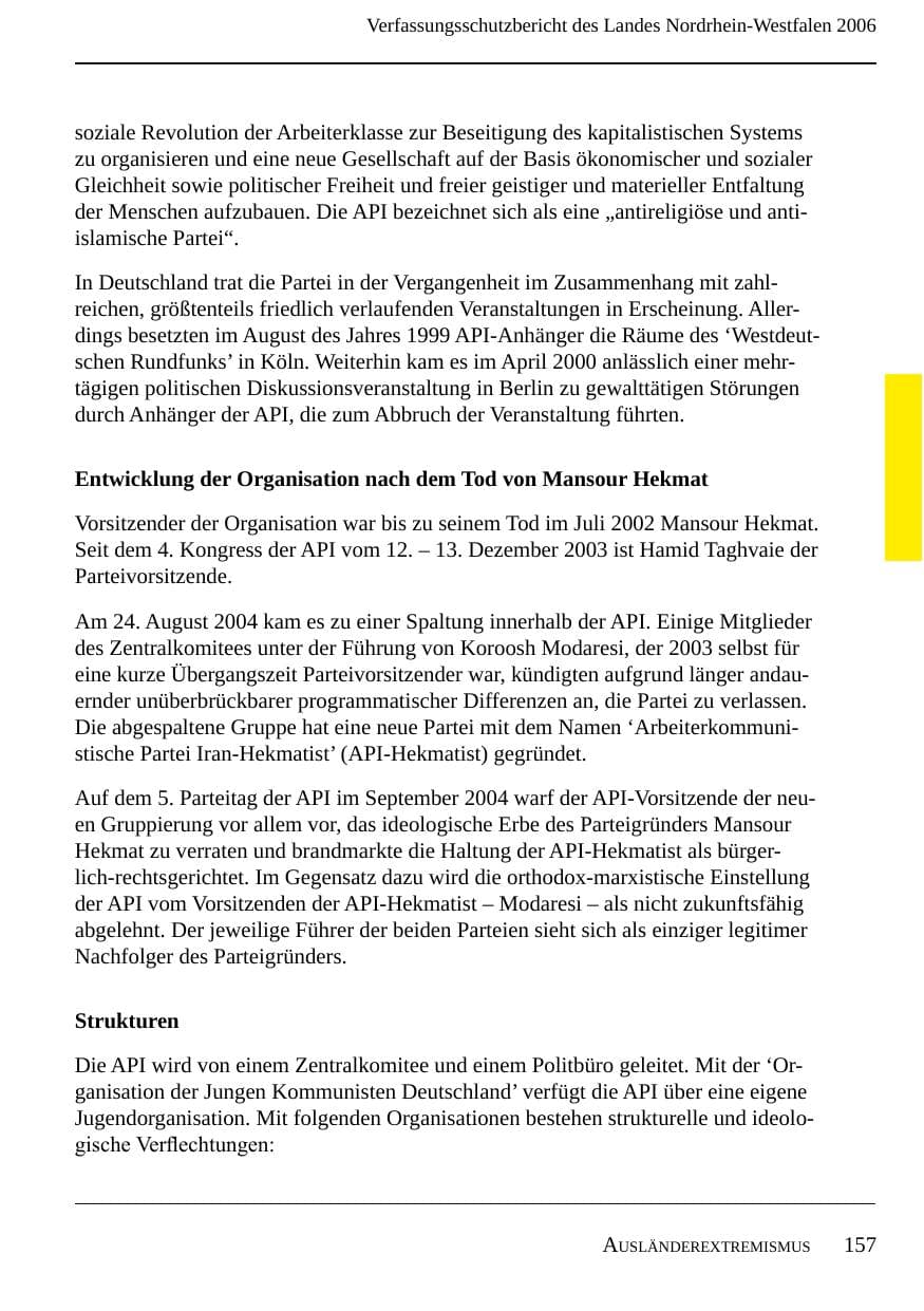 Seite 159 des Verfassungsschutzbericht 2006 Nordrhein-Westfalen