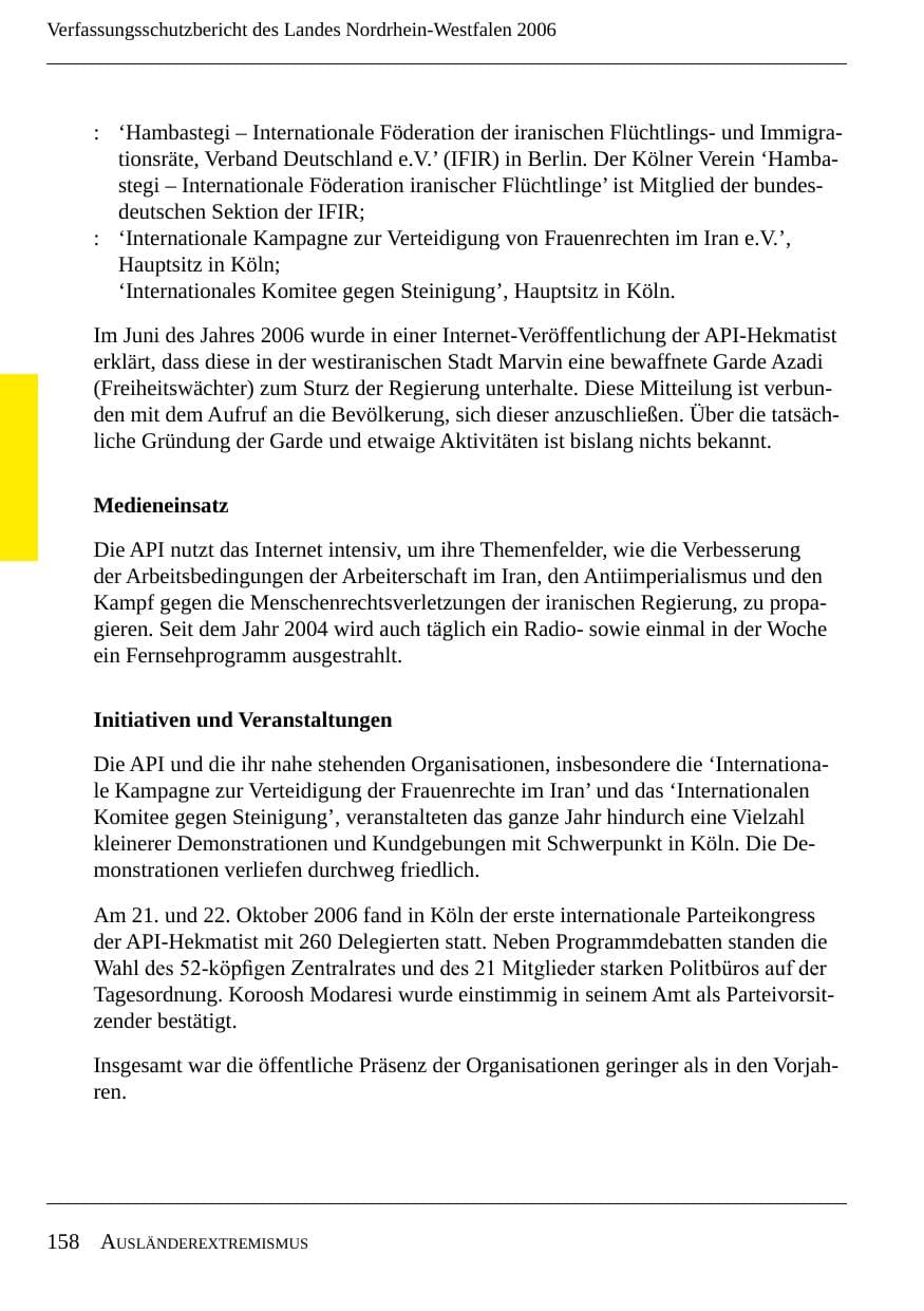 Seite 160 des Verfassungsschutzbericht 2006 Nordrhein-Westfalen