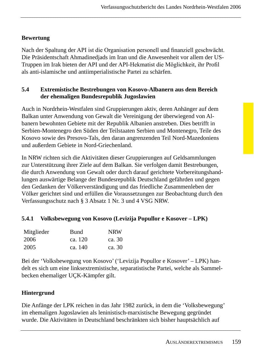 Seite 161 des Verfassungsschutzbericht 2006 Nordrhein-Westfalen