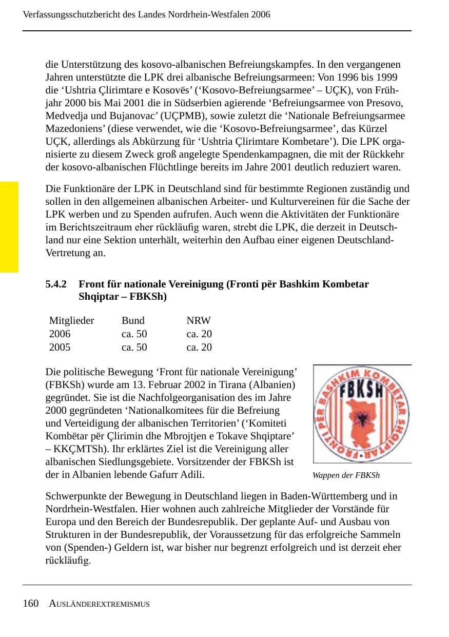 Seite 162 des Verfassungsschutzbericht 2006 Nordrhein-Westfalen