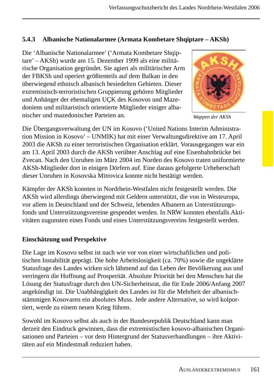 Seite 163 des Verfassungsschutzbericht 2006 Nordrhein-Westfalen