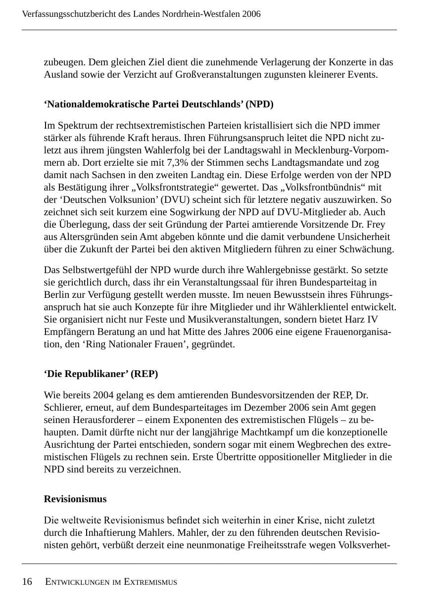 Seite 18 des Verfassungsschutzbericht 2006 Nordrhein-Westfalen