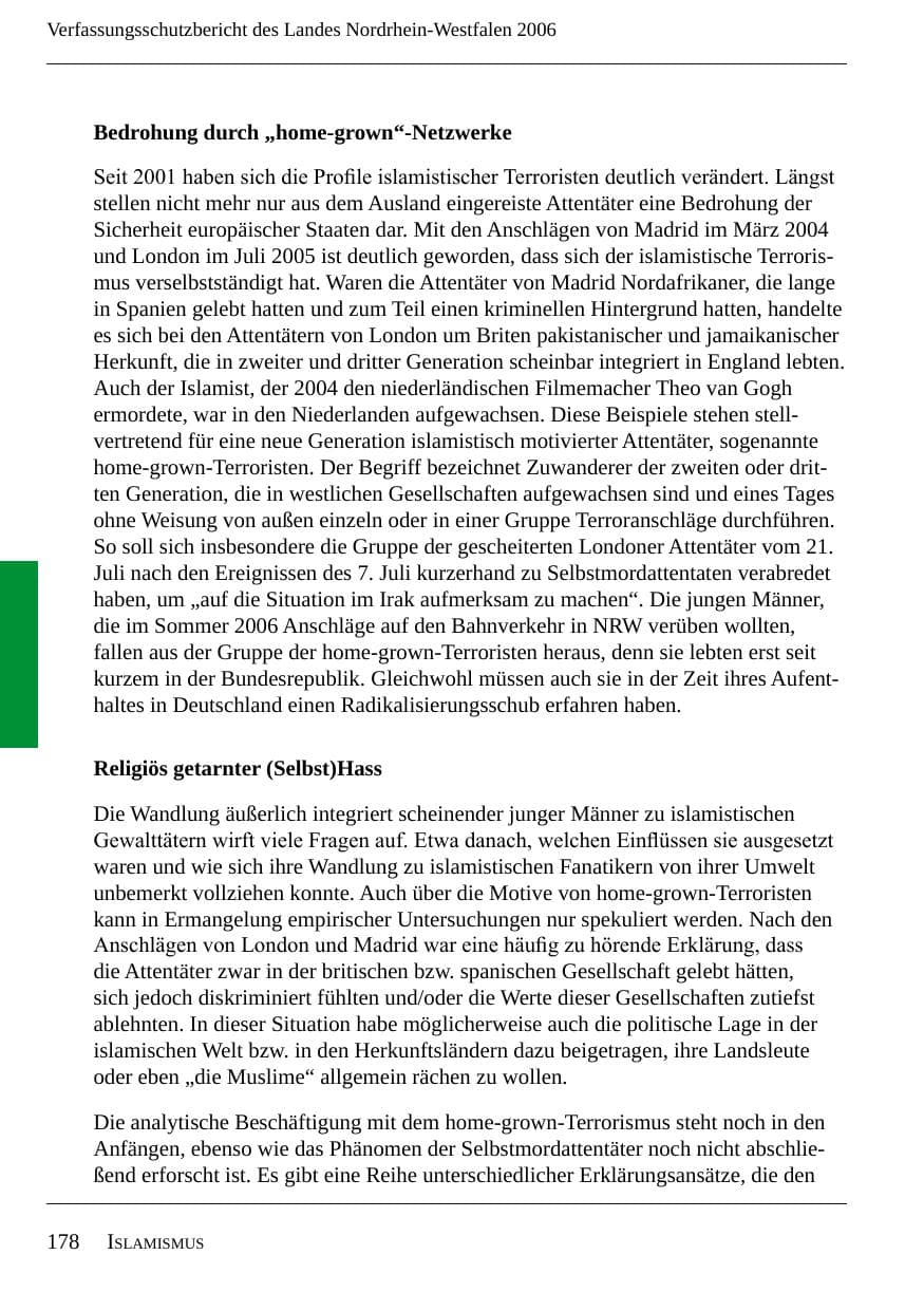 Seite 180 des Verfassungsschutzbericht 2006 Nordrhein-Westfalen