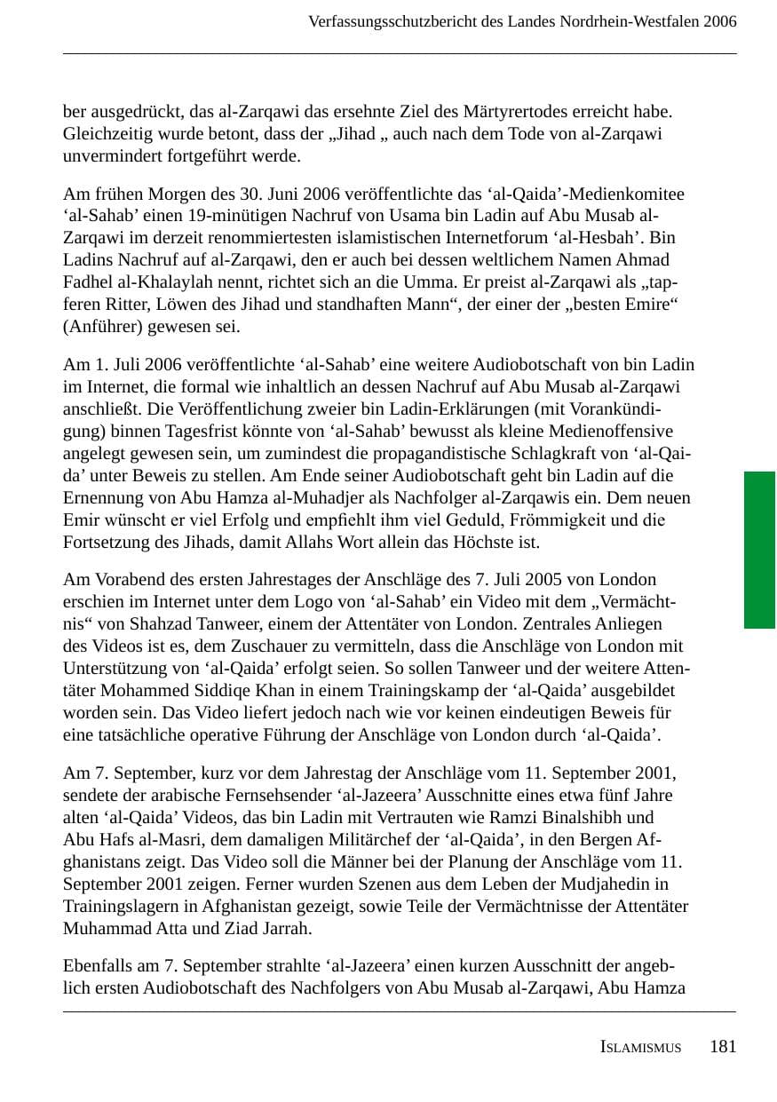 Seite 183 des Verfassungsschutzbericht 2006 Nordrhein-Westfalen
