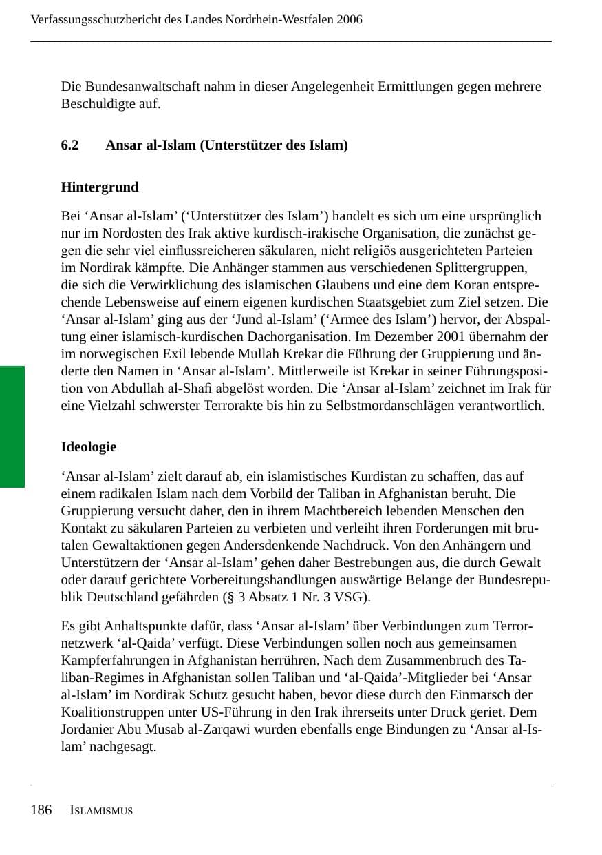 Seite 188 des Verfassungsschutzbericht 2006 Nordrhein-Westfalen