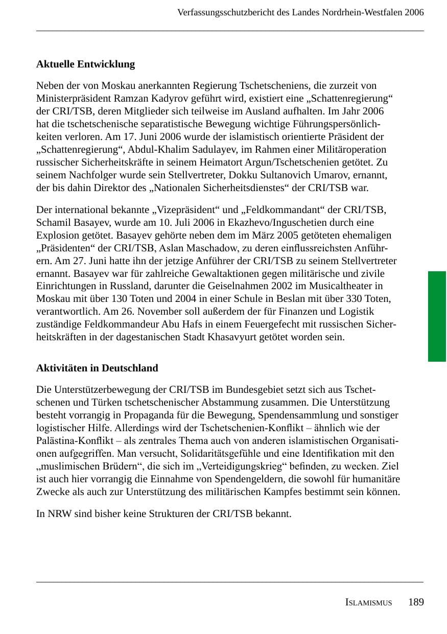 Seite 191 des Verfassungsschutzbericht 2006 Nordrhein-Westfalen