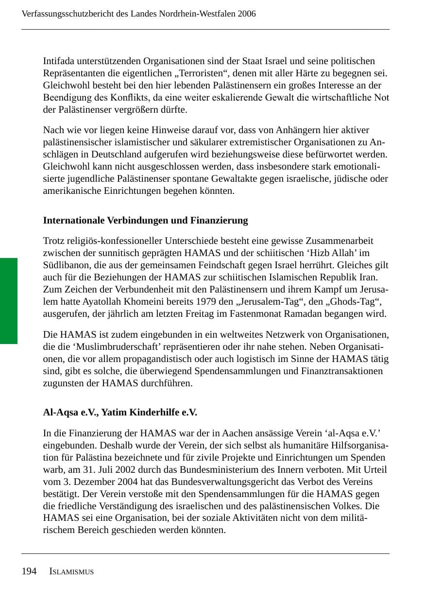 Seite 196 des Verfassungsschutzbericht 2006 Nordrhein-Westfalen