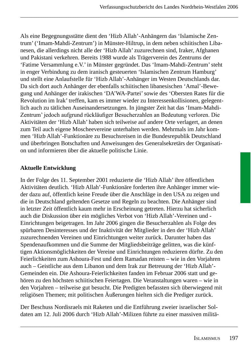Seite 199 des Verfassungsschutzbericht 2006 Nordrhein-Westfalen