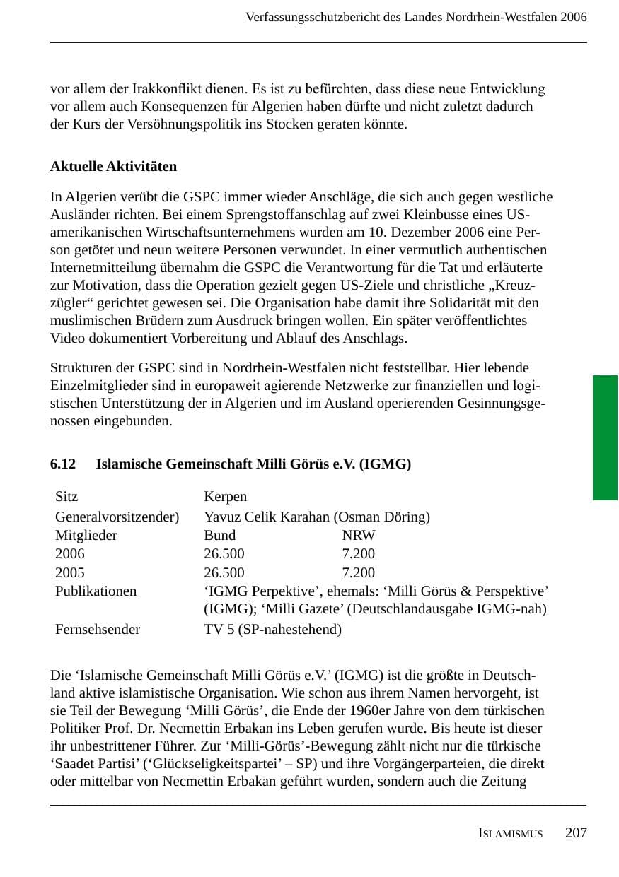 Seite 209 des Verfassungsschutzbericht 2006 Nordrhein-Westfalen