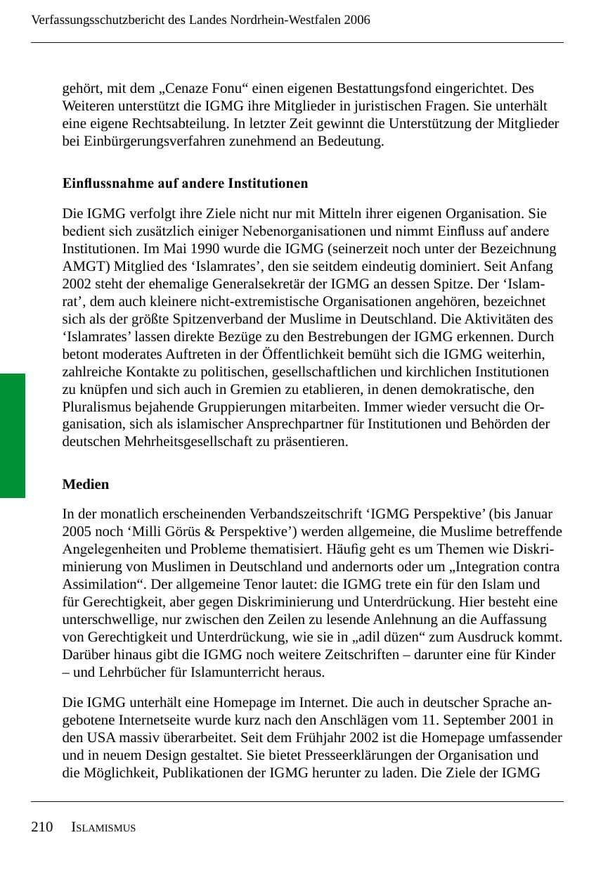 Seite 212 des Verfassungsschutzbericht 2006 Nordrhein-Westfalen