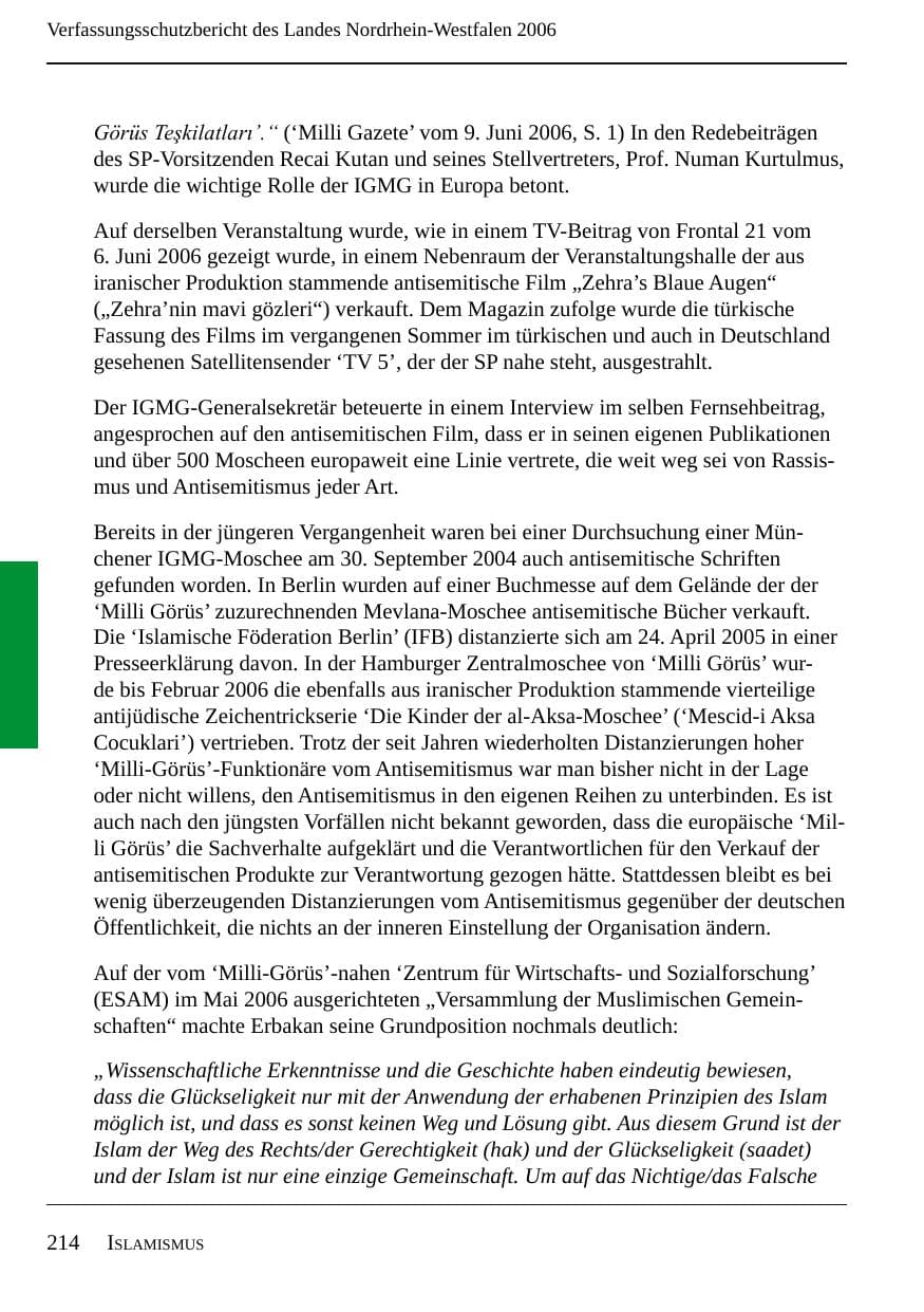 Seite 216 des Verfassungsschutzbericht 2006 Nordrhein-Westfalen