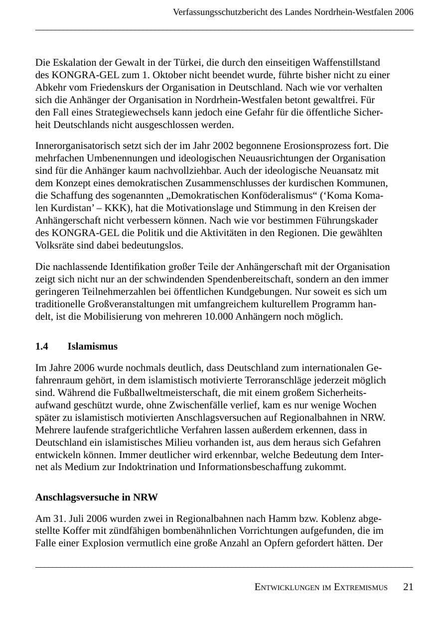 Seite 23 des Verfassungsschutzbericht 2006 Nordrhein-Westfalen
