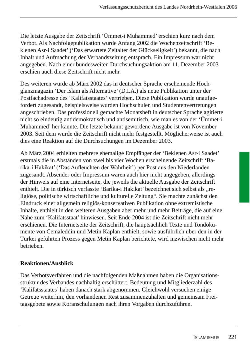 Seite 223 des Verfassungsschutzbericht 2006 Nordrhein-Westfalen