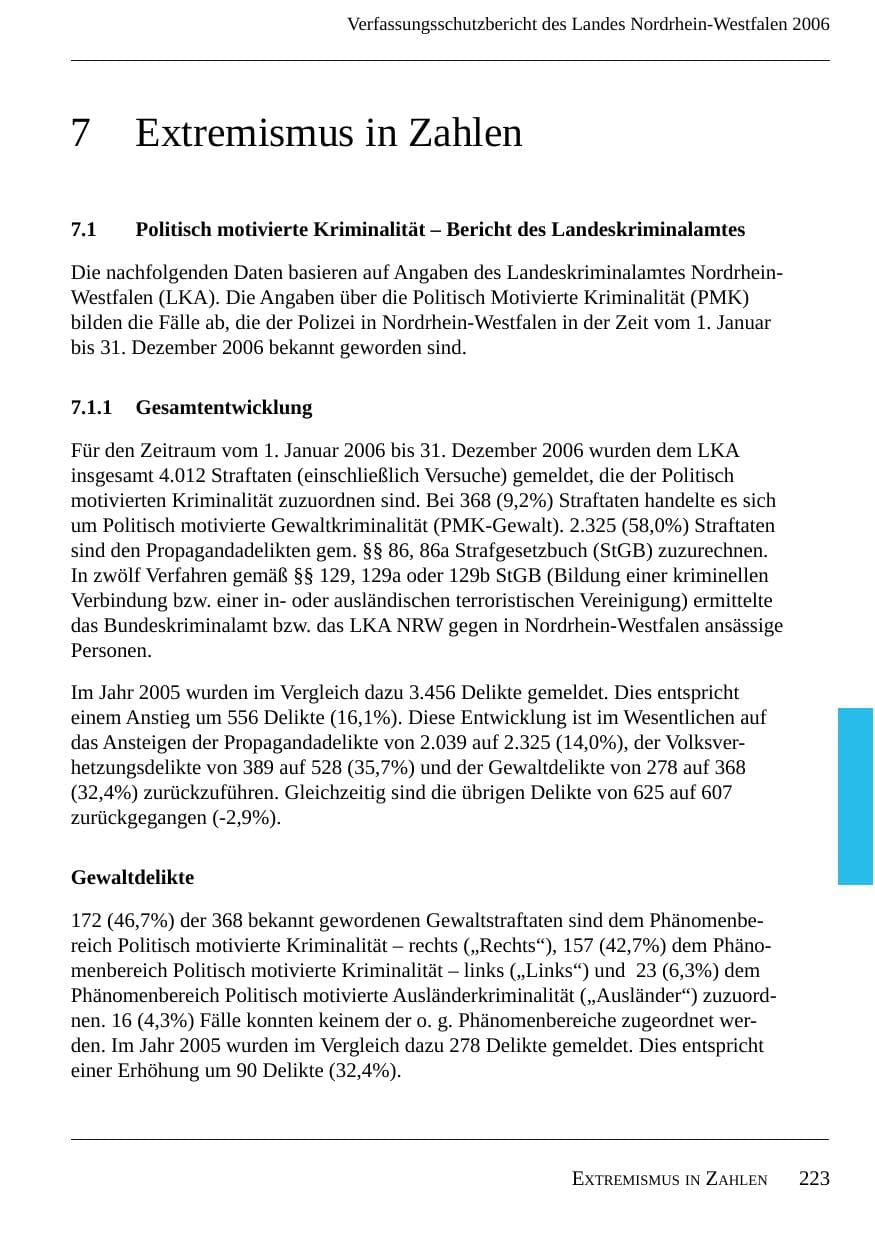 Seite 225 des Verfassungsschutzbericht 2006 Nordrhein-Westfalen
