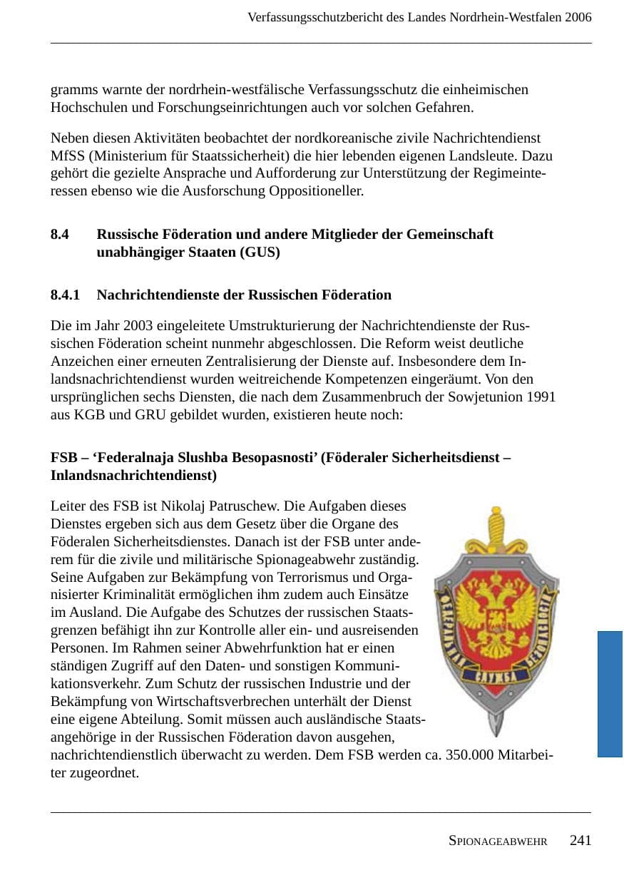 Seite 243 des Verfassungsschutzbericht 2006 Nordrhein-Westfalen
