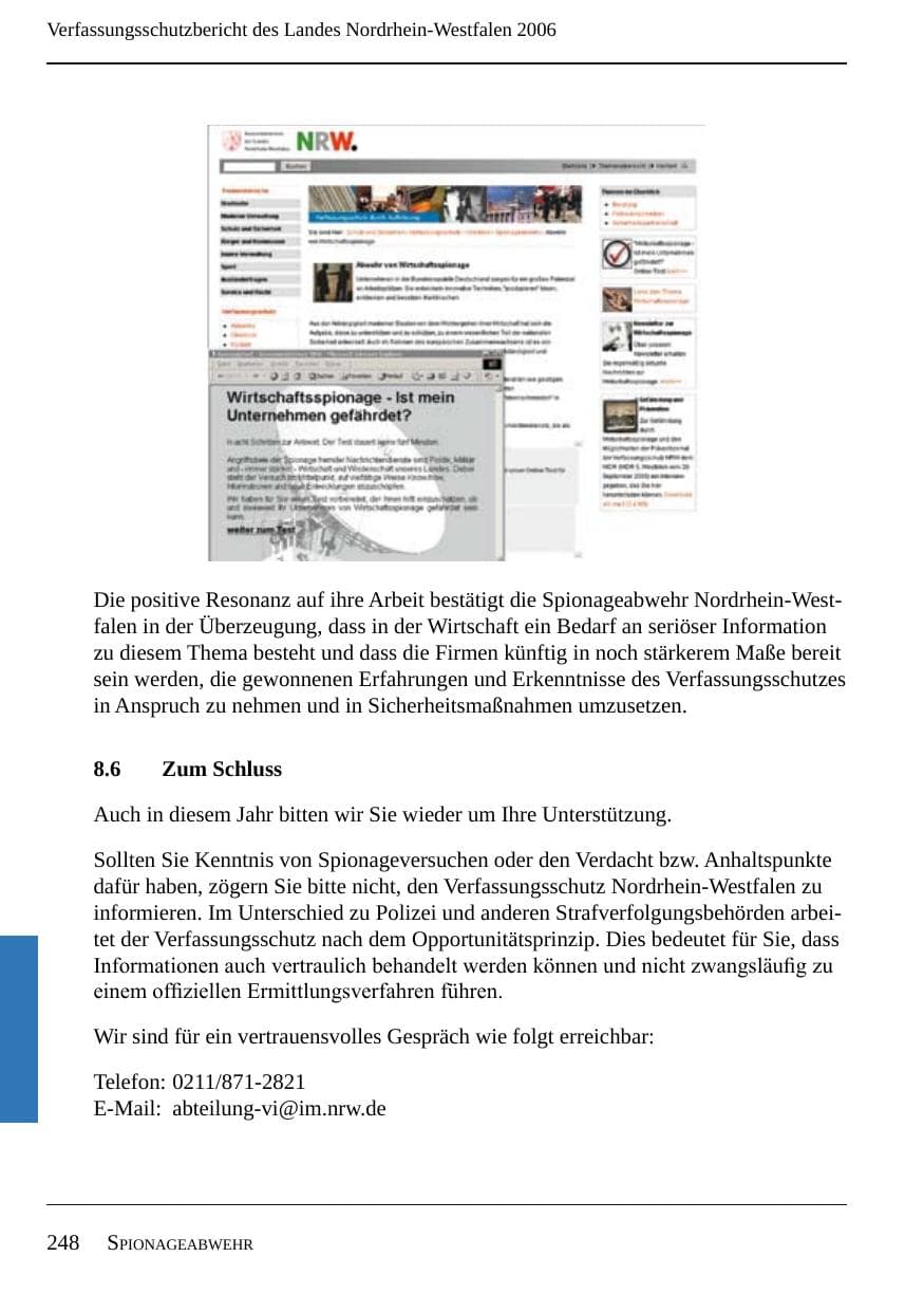Seite 250 des Verfassungsschutzbericht 2006 Nordrhein-Westfalen