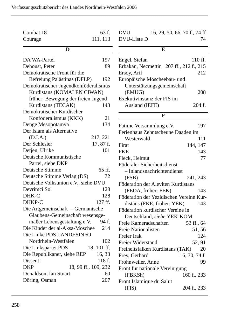 Seite 260 des Verfassungsschutzbericht 2006 Nordrhein-Westfalen